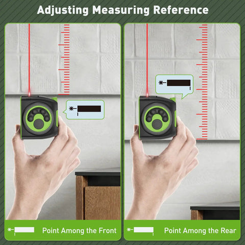 2 In 1 Laser Tape Measure With 197Ft Laser Range And 16Ft Tape Backlit LCD Movable Hook Pythagorean Area Volume Unit Switch Digital Distance Meter demonstrating laser measurement against wall tiles