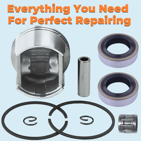 Stihl TS400 49mm Piston Ring Kit With Oil Seals And Needle Bearing For Concrete Cut Off Saw components displayed.