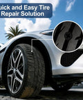 Car tire close-up with a puncture, showing 70 Piece Tire Repair Kit With Dual Size Rubber Nails For Car Truck Motorcycle And Tractor Punctures DIY Self Service Vacuum Spiral Screws 35 Small And 35 Large Nails For Quick Roadside Tire Repair On The Go