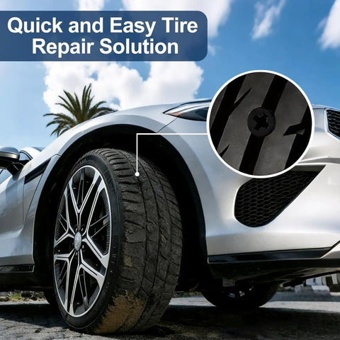 Car tire close-up with a puncture, showing 70 Piece Tire Repair Kit With Dual Size Rubber Nails For Car Truck Motorcycle And Tractor Punctures DIY Self Service Vacuum Spiral Screws 35 Small And 35 Large Nails For Quick Roadside Tire Repair On The Go