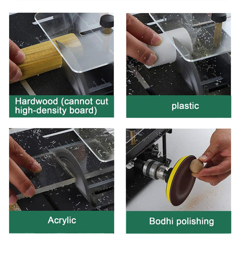 Compact Mini Sliding Table Saw Built Tough For Wood Metal Plastic Cutting With Smooth 0 To 90 Degree Angle Tilt and Compact Footprint in use on hardwood, plastic, acrylic, and for Bodhi polishing.