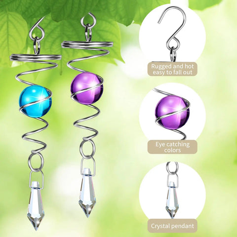 Two Piece Gazing Ball Spiral Tail Wind Spinner Stabilizer Set For Indoor Outdoor Hanging Stainless Steel Garden Decor With Hanging Swivel Hook Glass Balls In Purple And Dark Blue For A Fresh Yard Vibe, two stainless spiral tails with crystal pendants
