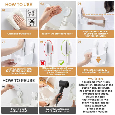 Step-by-step guide for installing and reusing a Powerful Suction Cup Shower Caddy With Removable Shelf Slick Install Bathroom Organizer