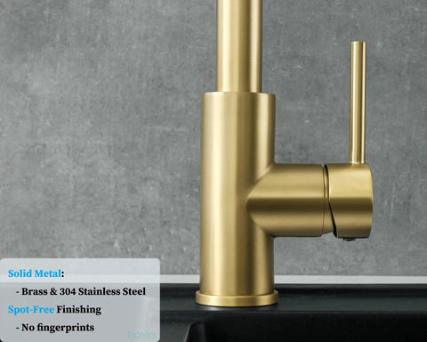 Brushed Gold High Arc Kitchen Faucet With Pull Down Sprayer No Deck Plate 15 Inch Tall Lead Free SUS304 Stainless Steel cUPC Cartridge NSF Certified Includes Spare Sprayer And Soap Dispenser Anti Rust Finish