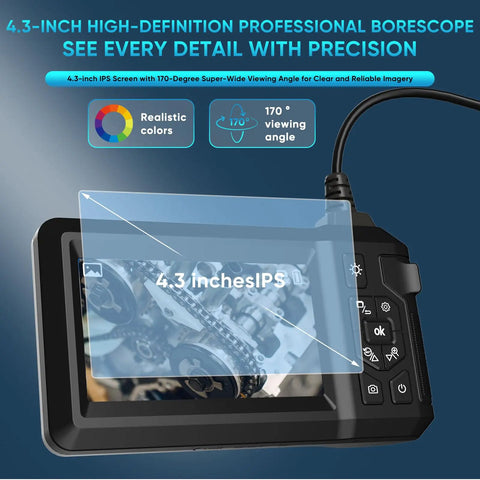 Dual Lens 1080P HD Industrial Endoscope Borescope With Light IP67 Waterproof Snake Camera 4.3 Inch LCD screen display