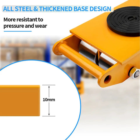 Dollate 26400 Lbs Heavy Duty Machine Skates 12 Ton Capacity Industrial Dolly Plates showing all steel design with thickened base and roller.