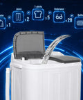 Easy Peasy Compact Portable Twin Tub Laundry Washer With Rapid Spin Cycle And Deep Soak Basin pouring water, designed for apartments and dorms.