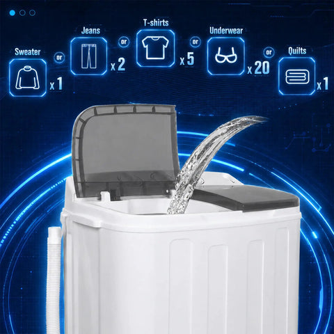 Easy Peasy Compact Portable Twin Tub Laundry Washer With Rapid Spin Cycle And Deep Soak Basin pouring water, designed for apartments and dorms.