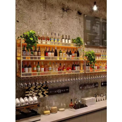 Slick Wall Mounted Metal Wine Rack And Glass Dryer Built Tough For Heavy Bottles Space Saving Home Bar Display showing organized bottles and glasses.