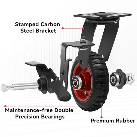 6 Inch Heavy Duty Rubber Casters Wheels with Knobby Tread, industrial grade castors with stamped carbon steel bracket, ideal for dolly and cart up to 1800 lbs