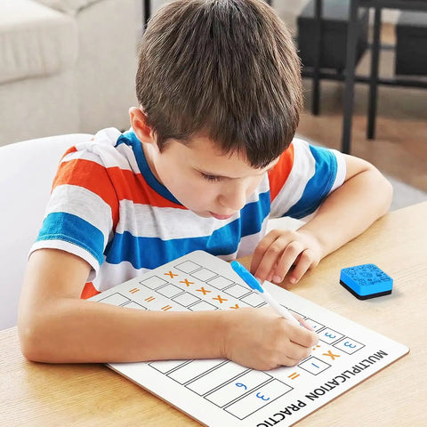 Child using 10 Pack Dry Erase Multiplication Boards 9 By 12 Inch Double Sided Whiteboards Classroom Ready For Times Tables Math Practice Kid Friendly With Erasers Included