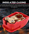 Close-up view of a red insulated casing from the 2 PCS Quick Release Battery Terminal Connectors Set, Universal Positive & Negative Disconnect Clamps with Red Blue Covers for Cars, Trucks & SUVs.