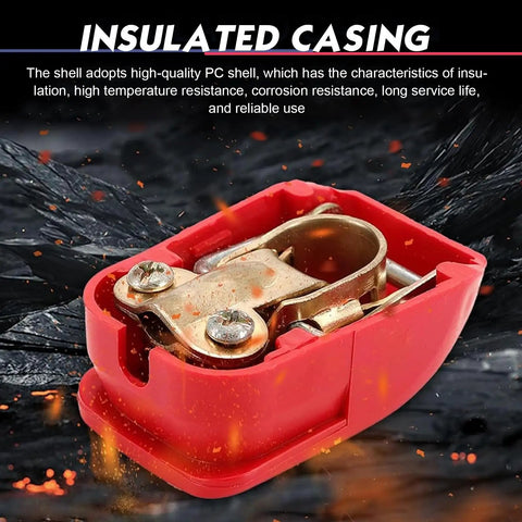 Close-up view of a red insulated casing from the 2 PCS Quick Release Battery Terminal Connectors Set, Universal Positive & Negative Disconnect Clamps with Red Blue Covers for Cars, Trucks & SUVs.