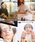 Collage of Portable Lash Light With Tripod Base for Lash Extensions, showing uses for reading, manicure, eyelashes, needle work.