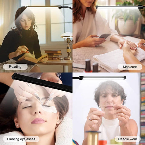 Collage of Portable Lash Light With Tripod Base for Lash Extensions, showing uses for reading, manicure, eyelashes, needle work.