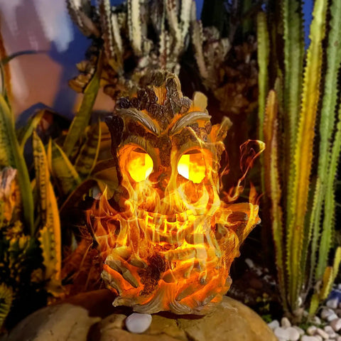 Epic Outdoor Solar Lantern With Realistic Flickering Flame From Resin Tree Stump Decor set among outdoor foliage.