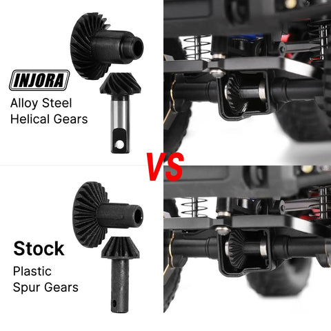 Comparison of Underdrive Helical Gear Set 22T 10T For TRX4M 1:18 RC Crawler with stock plastic spur gears.