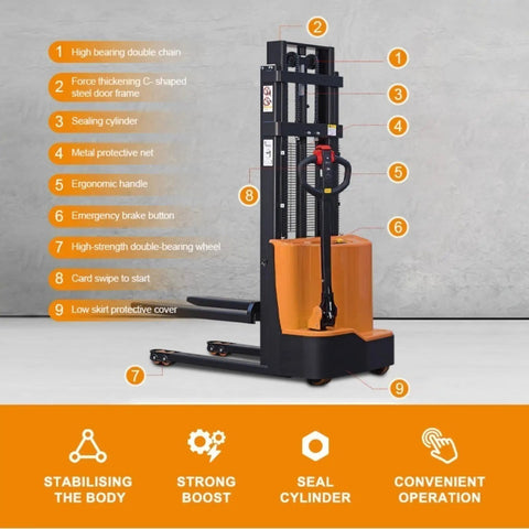 Heavy Duty Electric Pallet Stack Truck And Fork Stacker For Warehouse Lifting With Power Assist showing key features and ergonomic design.