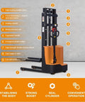 Industrial Electric Pallet Stacker For Warehouse Operations And Heavy Duty Lifting Equipment showing features like ergonomic handle and hydraulic lifter.
