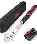 Digital Open End Torque Wrench With 34mm Jaw And LCD Display Anti Drop Design, 5 To 99.6 Ft Lb shown with case and close-up LCD view