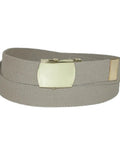 Big And Tall Cotton Adjustable Belt With Brass Buckle Khaki 1.25 Inch Wide Up To 60 Inches Cut To Fit Removable Military Buckle Durable Cotton Web Belt For Everyday Wear shown coiled with the brass buckle visible.