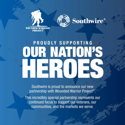 Southwire and Wounded Warrior Project partnership announcement graphic with blue star background.