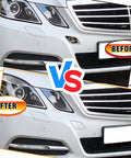 Before and after of Mercedes Benz E Class W212 Tow Hook Cover Right Passenger Side Front Bumper Cover White Replacement.
