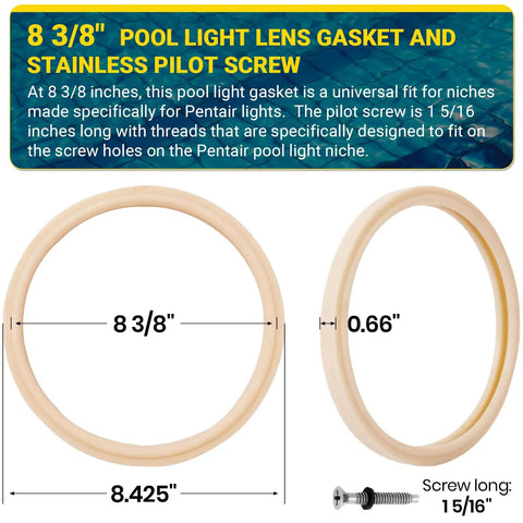 8 3/8 Inch Pool Light Lens Gasket And Stainless Pilot Screw Replacement Kit For Pentair 79101600Z 79104800 Easy Fit Plug And Play IntelliBrite AmerLite And SAM Amerlite Lights Heavy Duty Waterproof Seal, 8 3/8 in gasket and screw