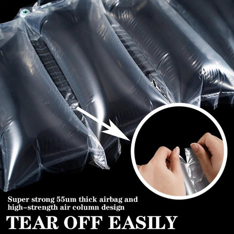 Close-up of 200 Count Air Pillows For Shipping Supplies showing tear-off feature and strong airbag design, size 4.72 x 9.84 inches.