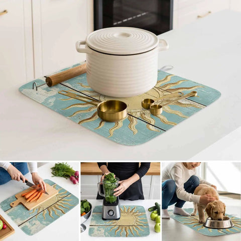 Yellow Sun Painting Dish Drying Mat For Your Kitchen Counter Blue Wood Grain Design Absorbent Microfiber Surface 16x18 Inches