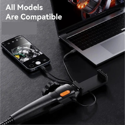No Brainer Articulated Borescope Camera With 360 Degree Bidirectional Steering And Crisp Hd Visuals For Effortless Garage Repairs connected to phone and laptop, showing compatibility.