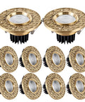 Top Shelf Pack Of 10 Led Recessed Ceiling Lights Featuring Anti Glare Gold Baffle Trim And Rock Solid Die Cast Brass Housing For Quick Cooling 12 Watt Downlights Yielding Bright 4000k Natural Light displayed in a clustered arrangement.