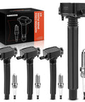 Set Of 4 Ignition Coil Packs And Iridium Spark Plugs For Jeep Cherokee Compass Renegade Ram ProMaster City Chrysler 200 Dodge Dart Fiat 500X Ready To Go Compatible With 2.4L L4 Engines Across These Models, displayed with packaging