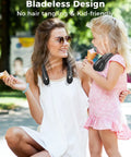 Woman and child wearing Wearable Bladeless Neck Fan For Hands Free Cooling On The Go Rechargeable Portable Cooling Device