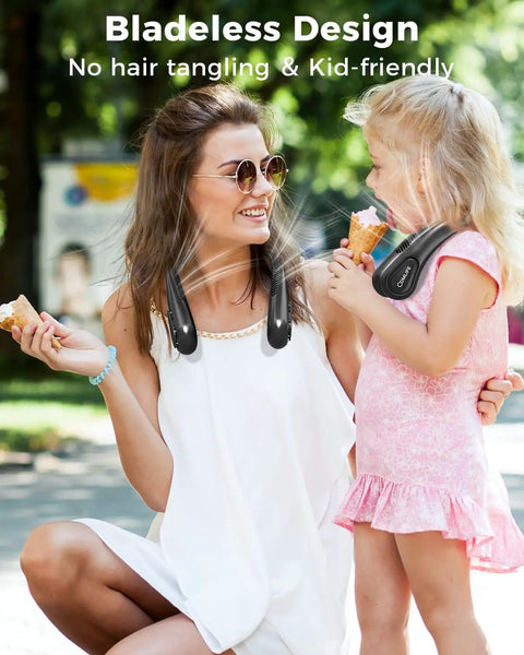 Woman and child wearing Wearable Bladeless Neck Fan For Hands Free Cooling On The Go Rechargeable Portable Cooling Device