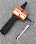 Heavy Duty Electric Nibbler Tool For Thin Metal Sheets, Steel, And Aluminum showing compact dual head drill accessory on grey background.