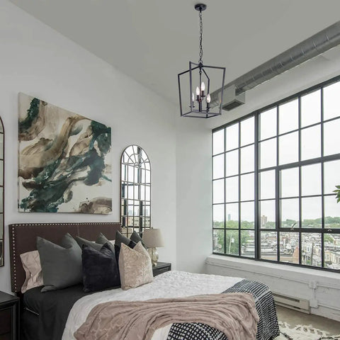 Industrial Black Pendant Light 4 Light Chandelier With Classic Metal Cage in a modern bedroom, 12x12x18.7 in lantern.