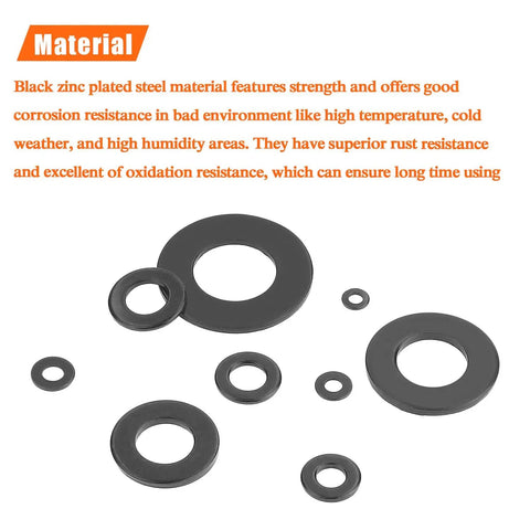 Assorted black zinc plated steel washers from 900 Piece Black Zinc Flat Washers Assorted Kit With Lock Metal Washers In Durable Plastic Case Includes M2 M2.5 M3 M4 M5 M6 M8 M10 M12 For Electrical Projects And DIY Gear