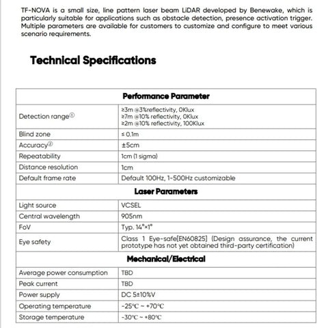 Technical specifications for TF-NOVA Lidar Sensor For Obstacle Detection, including range and parameters.