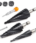 Cobalt Step Drill Bit Set With Center Punch by MulWark TiAlN Coated Unibit One Eighth To One And Three Eighths Inch With Four Spiral Flute Hex Shank