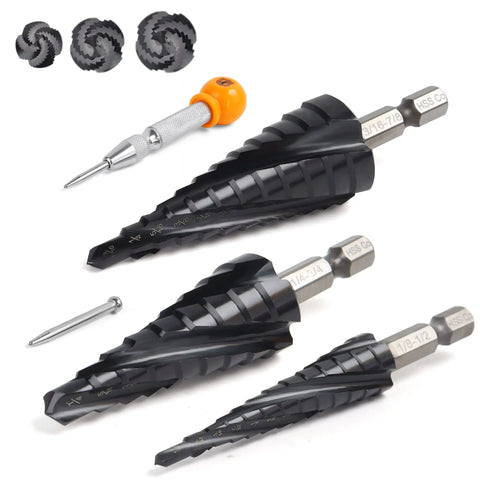Cobalt Step Drill Bit Set With Center Punch by MulWark TiAlN Coated Unibit One Eighth To One And Three Eighths Inch With Four Spiral Flute Hex Shank