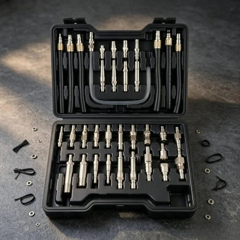 Baoblaze 39 Piece Automatic Transmission Fluid Machine Adapter Kit With Flexible Black Hoses And Metal Hardware For Quick Gearbox Service And Easy Oil Changes in a black storage case.