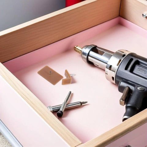 Heavy Duty Plastic Drawer Glides Repair Kit with tack in stops, rectangle and L shaped stops, screws and tool in drawer