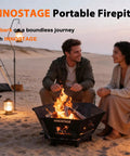 Couple enjoying Collapsible 23 Inch Wood Burning Fire Pit For Camping And Patio on a beach at sunset