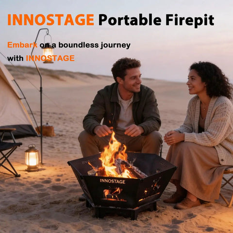 Couple enjoying Collapsible 23 Inch Wood Burning Fire Pit For Camping And Patio on a beach at sunset