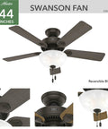 44 Inch Indoor Ceiling Fan With LED Light Bronze Finish Pull Chain 5 Blades Standard Mount For Bedroom Living Room Or Kitchen No Remote Energy Efficient Kickin Breeze, showing fan detail
