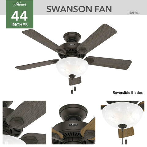 44 Inch Indoor Ceiling Fan With LED Light Bronze Finish Pull Chain 5 Blades Standard Mount For Bedroom Living Room Or Kitchen No Remote Energy Efficient Kickin Breeze, showing fan detail