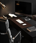 Genuine Leather Desk Pad For Office 31.5 By 15.8 Inches Thick Premium Table Mat With Stitched Edge Non Slip Grippy Rubber Base Dark Brown Cowhide Writing Surface For Laptop Keyboard And Mouse on modern desk setup.