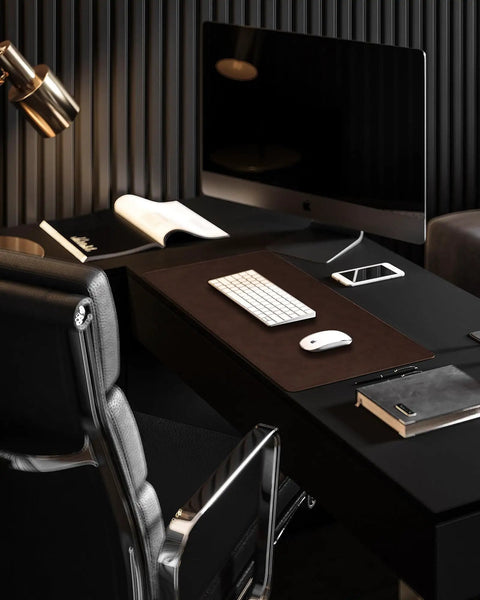 Genuine Leather Desk Pad For Office 31.5 By 15.8 Inches Thick Premium Table Mat With Stitched Edge Non Slip Grippy Rubber Base Dark Brown Cowhide Writing Surface For Laptop Keyboard And Mouse on modern desk setup.