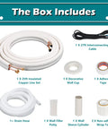 Mini Split Line Set Kit With 25 Ft Copper Lines One Quarter Inch And Three Eighth Inch displayed with fittings and accessories.